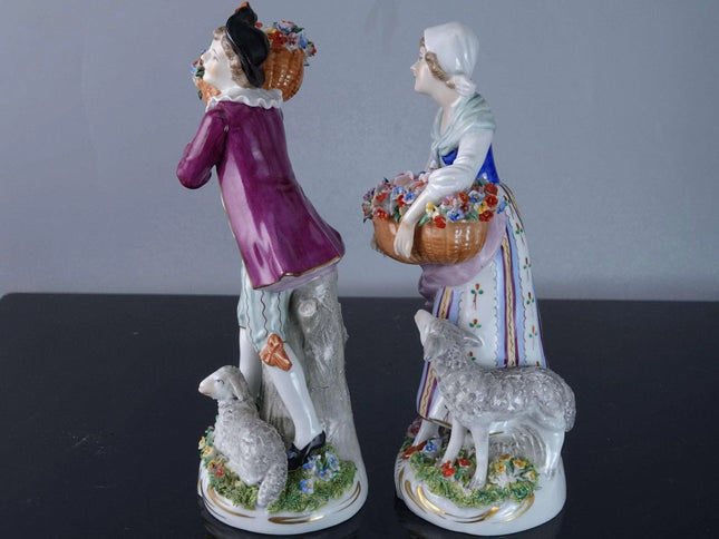 c1900 Antique Dresden Man and Woman Gathering Flowers with sheep - Estate Fresh Austin