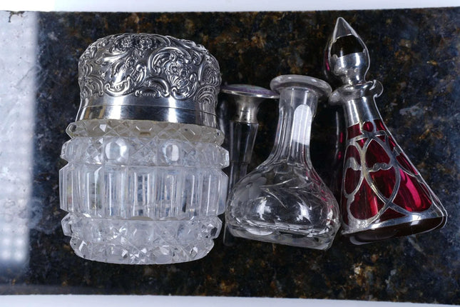 c1900 Art Nouveau Sterling and Crystal perfume bottles Enamel/Cranberry silver o - Estate Fresh Austin