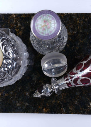 c1900 Art Nouveau Sterling and Crystal perfume bottles Enamel/Cranberry silver o - Estate Fresh Austin