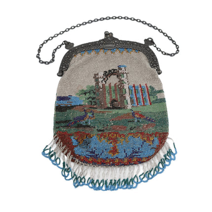 c1900 Beaded Handbag with intricate Architectural Landscape 800 silver frame wit - Estate Fresh Austin