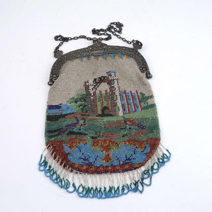 c1900 Beaded Handbag with intricate Architectural Landscape 800 silver frame wit - Estate Fresh Austin