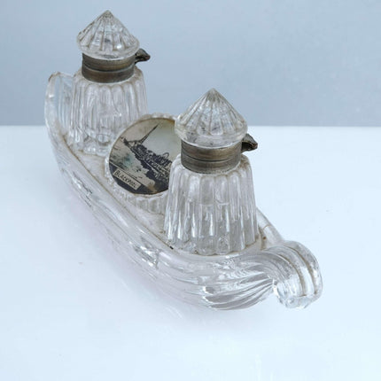 c1900 Blackpool England Souvenir Double inkwell in boat form - Estate Fresh Austin