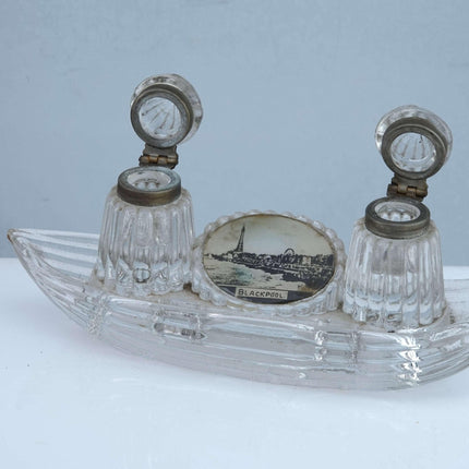 c1900 Blackpool England Souvenir Double inkwell in boat form - Estate Fresh Austin