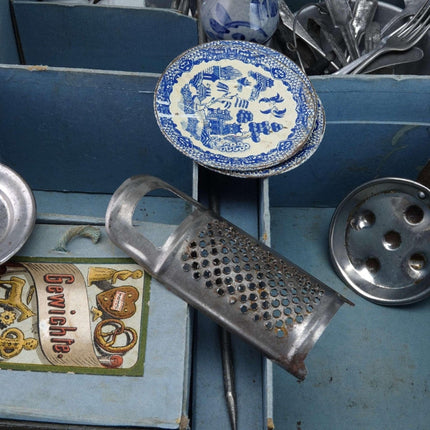 c1900 Boxed German Dollhouse Miniature set Graniteware, Stoneware, Cutlery and m - Estate Fresh Austin