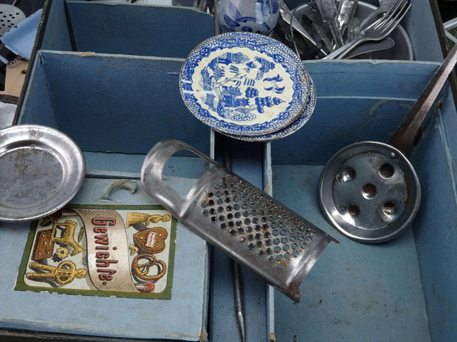 c1900 Boxed German Dollhouse Miniature set Graniteware, Stoneware, Cutlery and m - Estate Fresh Austin