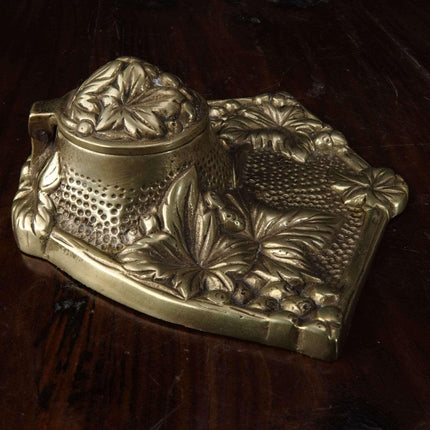 c1900 Brass Art nouveau Inkwell with Embossed Grapes Glass Insert - Estate Fresh Austin