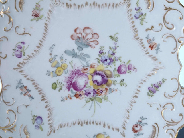 c1900 Dresden Flowers Cake Plate with handles - Estate Fresh Austin