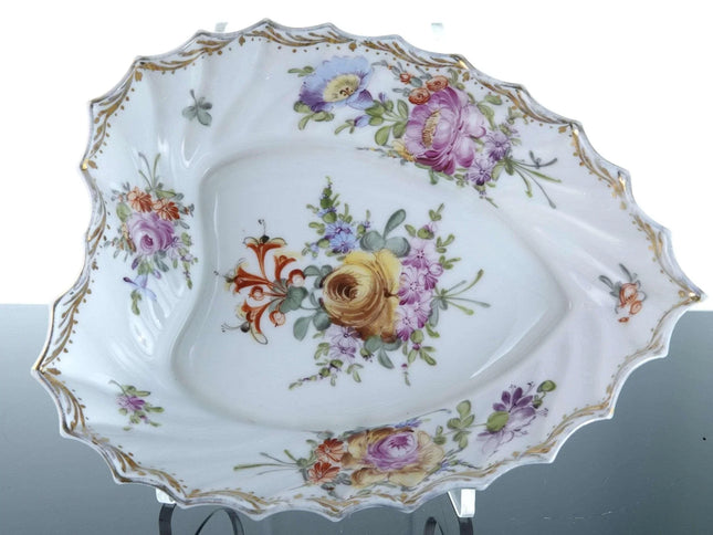 c1900 Dresden Flowers Hand Painted Bread Basket and Heart shaped bowl - Estate Fresh Austin