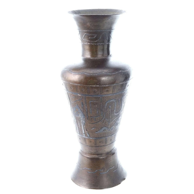 c1900 Egyptian Brass Vase with silver overlay Camels, Pyramids, Sphinx - Estate Fresh Austin