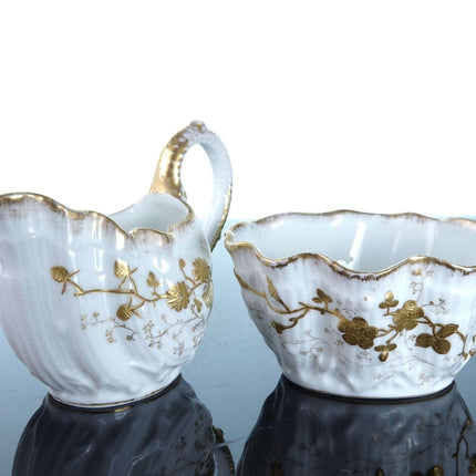 c1900 Elite Limoges Raised Gold Shell Form Creamer and Sugar - Estate Fresh Austin