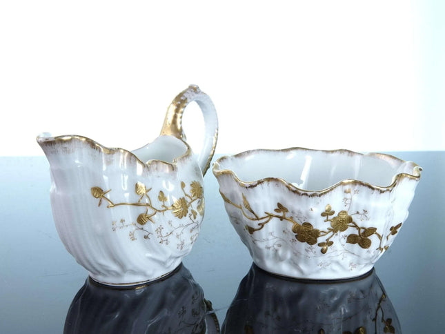 c1900 Elite Limoges Raised Gold Shell Form Creamer and Sugar - Estate Fresh Austin