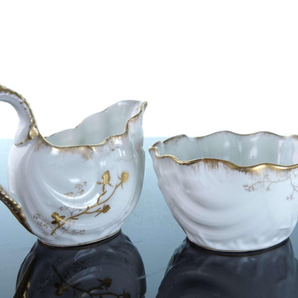 c1900 Elite Limoges Raised Gold Shell Form Creamer and Sugar - Estate Fresh Austin