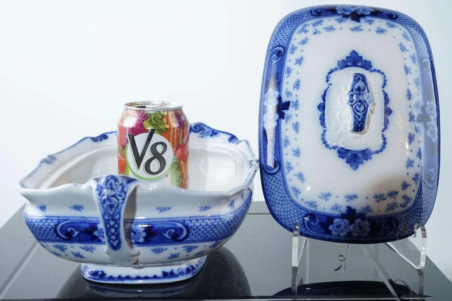 c1900 Ford & Sons Weir Flow Blue Covered vegetable dish - Estate Fresh Austin