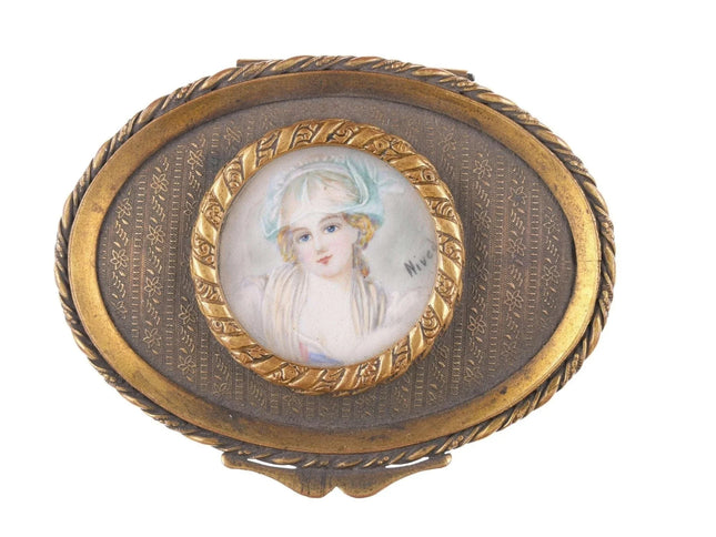 c1900 French Gilt jewelry box with hand painted portrait - Estate Fresh Austin