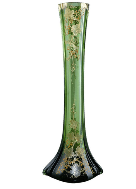 c1900 Green Moser gold enamel art glass vase - Estate Fresh Austin