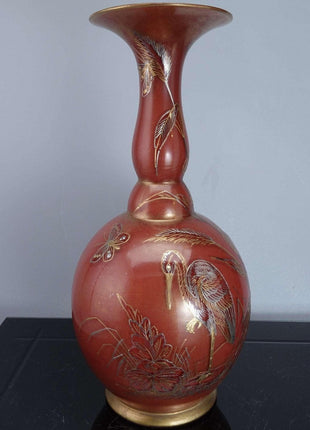 c1900 Harrach Gold/Platinum Enamel 12.25" vase with Storks/Butterflies - Estate Fresh Austin