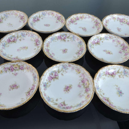 c1900 Haviland Limoges Pink and yellow roses double gold Butter Pat Set of 10 - Estate Fresh Austin