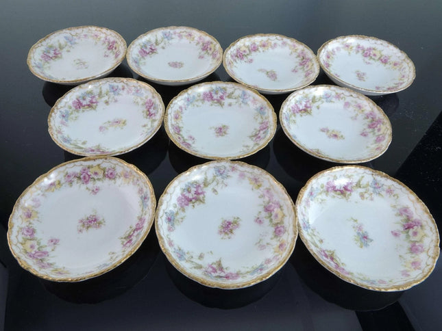 c1900 Haviland Limoges Pink and yellow roses double gold Butter Pat Set of 10 - Estate Fresh Austin