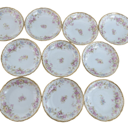 c1900 Haviland Limoges Pink and yellow roses double gold Butter Pat Set of 10 - Estate Fresh Austin