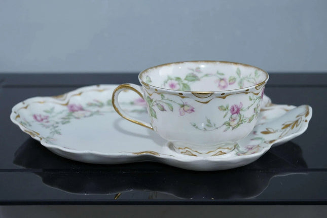 c1900 Haviland Limoges Snack Set Cup and plate Pink roses with gold - Estate Fresh Austin