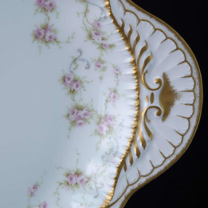 c1900 Haviland Schleiger 340 18.75" Platter Double Gold Pink roses Blue Scrolls - Estate Fresh Austin