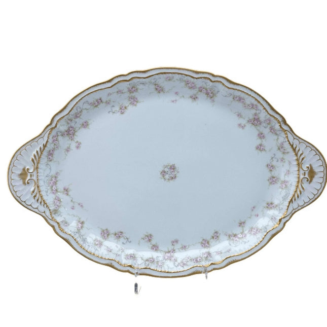 c1900 Haviland Schleiger 340 18.75" Platter Double Gold Pink roses Blue Scrolls - Estate Fresh Austin
