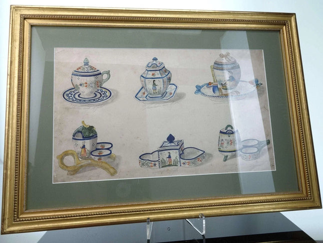 c1900 Henriot Quimper Prototype Watercolor Sheet from the Factory 1 - Estate Fresh Austin