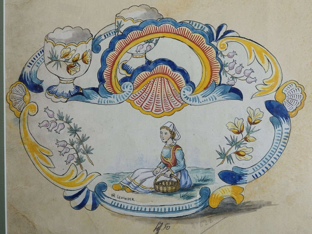 c1900 Henriot Quimper Prototype Watercolor Sheet from the Factory - Estate Fresh Austin