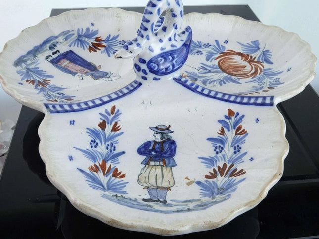 c1900 Henriot Quimper Swan Handled 3 Part relish tray - Estate Fresh Austin