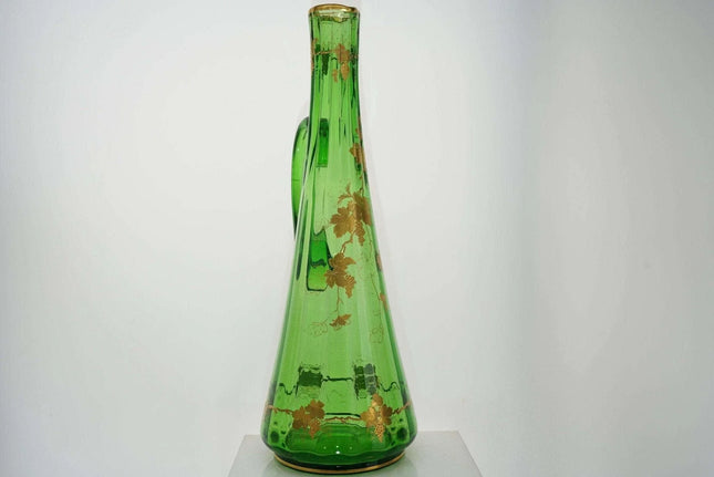 c1900 Huge Moser Art Nouveau Bohemian Art Glass Ewer Green with Raised gold - Estate Fresh Austin