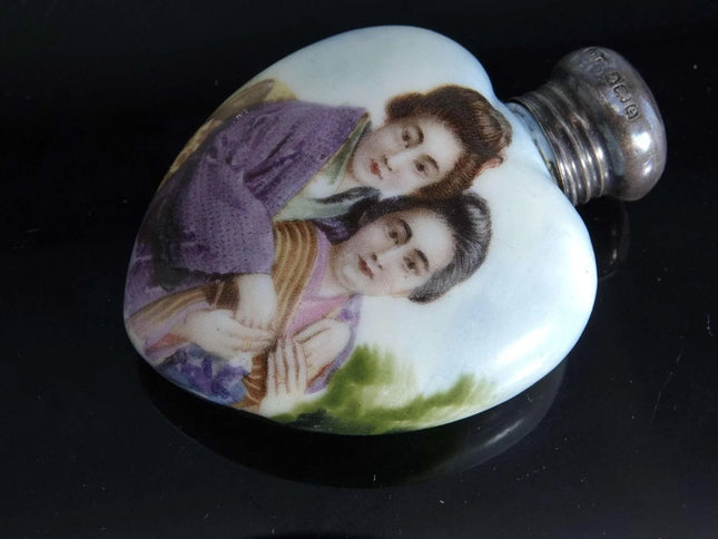 c1900 Japonesque European Porcelain Heart shaped Perfume bottle with sterling li - Estate Fresh Austin