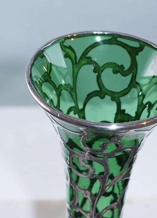 c1900 Large American Sterling Silver Overlay Vase over emerald green glass - Estate Fresh Austin