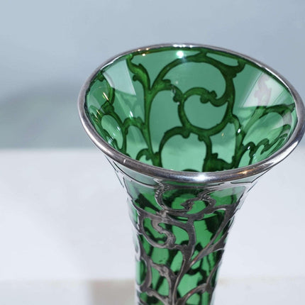 c1900 Large American Sterling Silver Overlay Vase over emerald green glass - Estate Fresh Austin