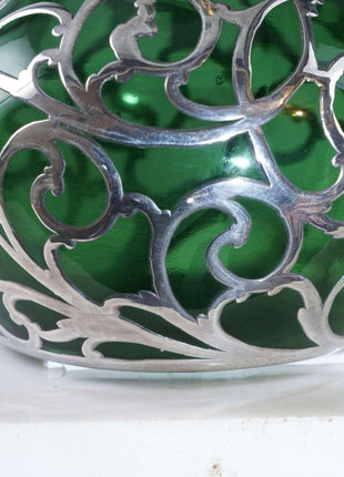 c1900 Large American Sterling Silver Overlay Vase over emerald green glass - Estate Fresh Austin