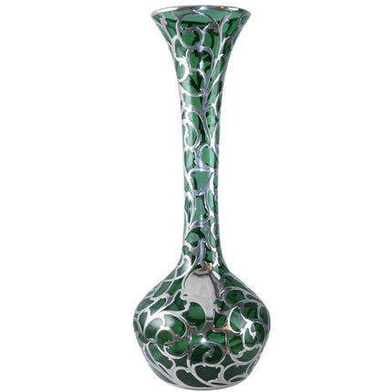 c1900 Large American Sterling Silver Overlay Vase over emerald green glass - Estate Fresh Austin