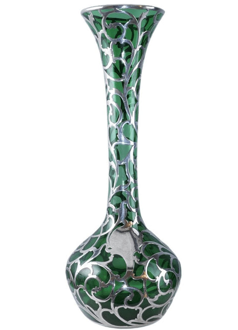 c1900 Large American Sterling Silver Overlay Vase over emerald green glass - Estate Fresh Austin