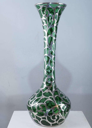 c1900 Large American Sterling Silver Overlay Vase over emerald green glass - Estate Fresh Austin