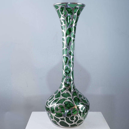 c1900 Large American Sterling Silver Overlay Vase over emerald green glass - Estate Fresh Austin