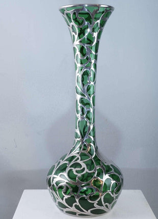 c1900 Large American Sterling Silver Overlay Vase over emerald green glass - Estate Fresh Austin