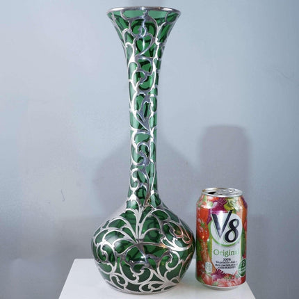 c1900 Large American Sterling Silver Overlay Vase over emerald green glass - Estate Fresh Austin