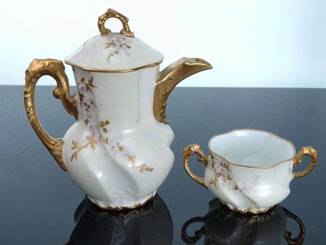 c1900 LS&S Hand Painted Limoges Eggshell Porcelain Tiny Coffee pot and sugar bow - Estate Fresh Austin
