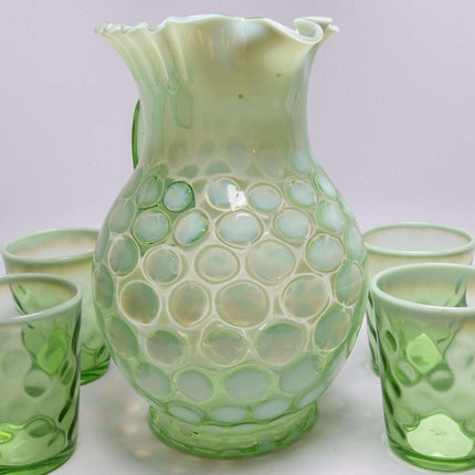 c1900 Northwood Green Opalescent Lemonade Set Pitcher and 5 Tumblers - Estate Fresh Austin