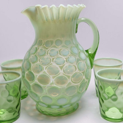 c1900 Northwood Green Opalescent Lemonade Set Pitcher and 5 Tumblers - Estate Fresh Austin