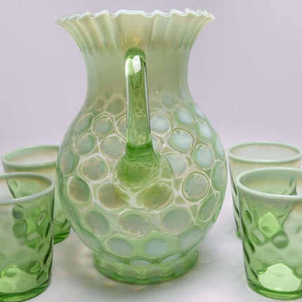 c1900 Northwood Green Opalescent Lemonade Set Pitcher and 5 Tumblers - Estate Fresh Austin