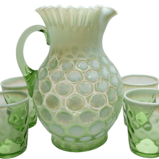 c1900 Northwood Green Opalescent Lemonade Set Pitcher and 5 Tumblers - Estate Fresh Austin