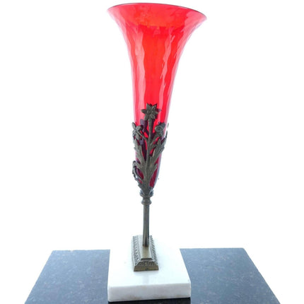 c1900 Pigeon Blood funeral Vase in Brass/Marble Holder/stand - Estate Fresh Austin