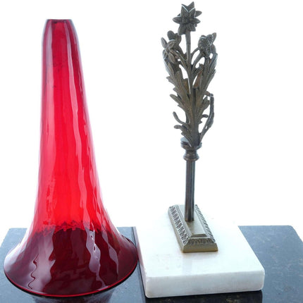 c1900 Pigeon Blood funeral Vase in Brass/Marble Holder/stand - Estate Fresh Austin