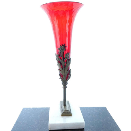 c1900 Pigeon Blood funeral Vase in Brass/Marble Holder/stand - Estate Fresh Austin