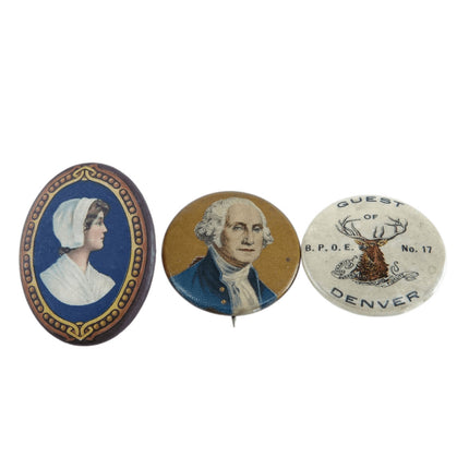 c1900 Pinback buttons lot Bakers Chocolate, George Washington, and BPOE Denver - Estate Fresh Austin