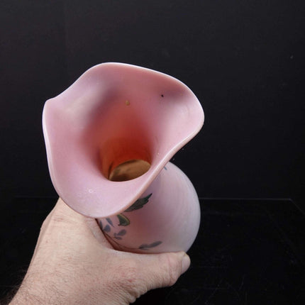 c1900 Pink Satin glass Hand enameled vase - Estate Fresh Austin